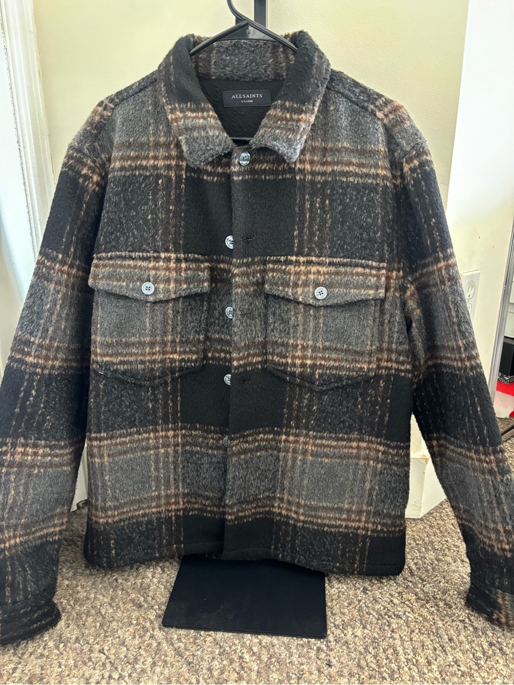 AllSaints Men's Black and Brown Plaid Shirt Jacket